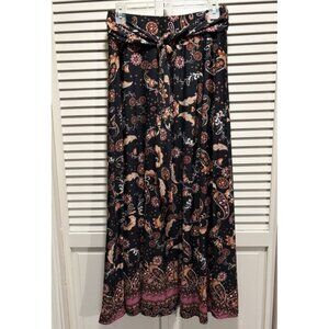 Robert Louis Black/Orange Paisley Maxi Skirt A-line Sz M Elastic/Tie Waist Boho